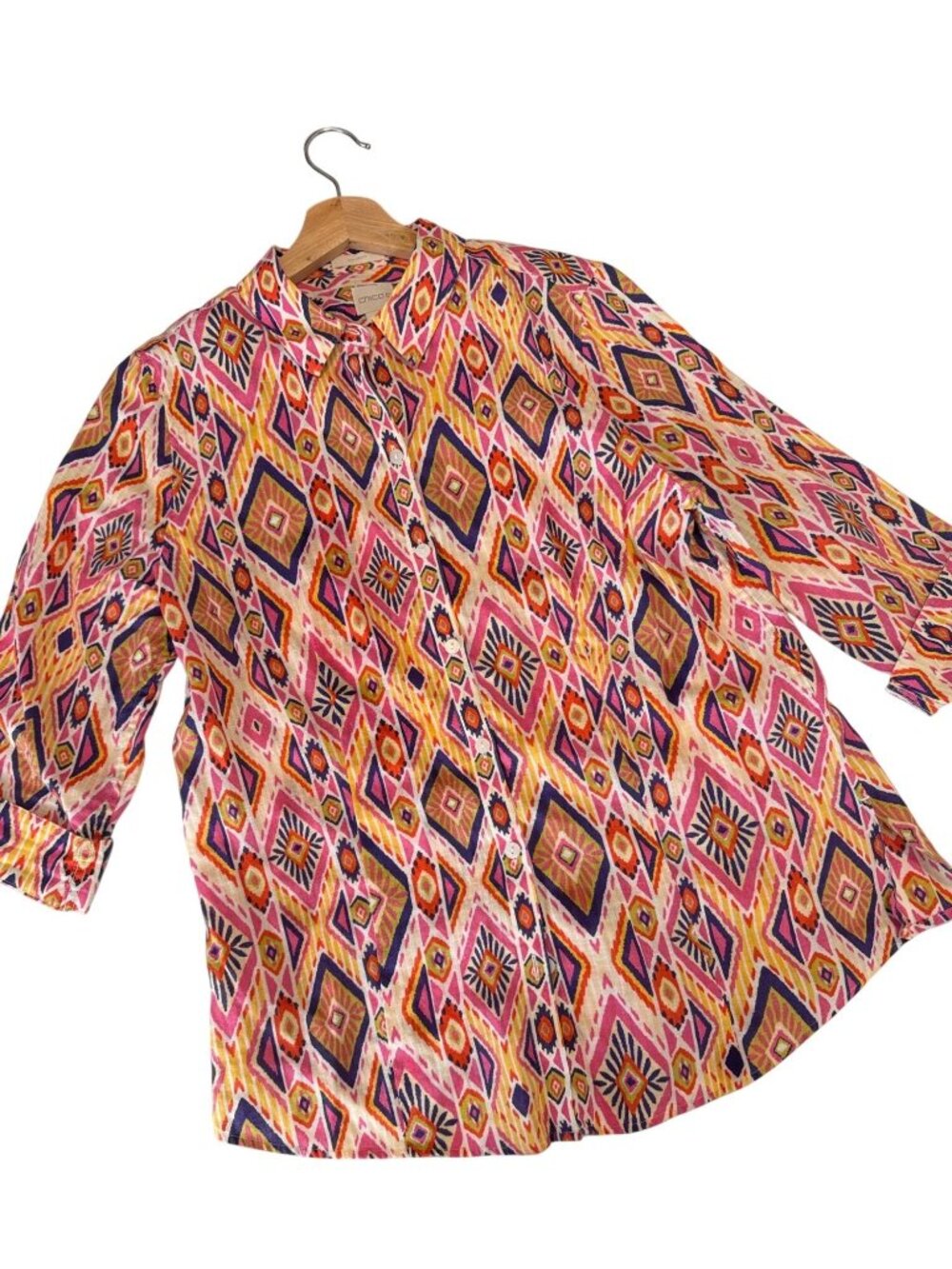 Chico's Multicolor Geometric Pattern Collared Linen Blouse Size Small